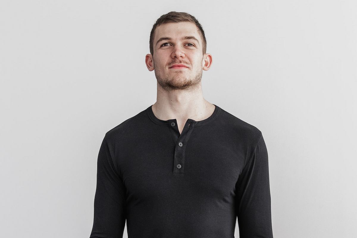 Nobull Lightweight Henley Men's Long Sleeves Black | Australia (IZ9153)